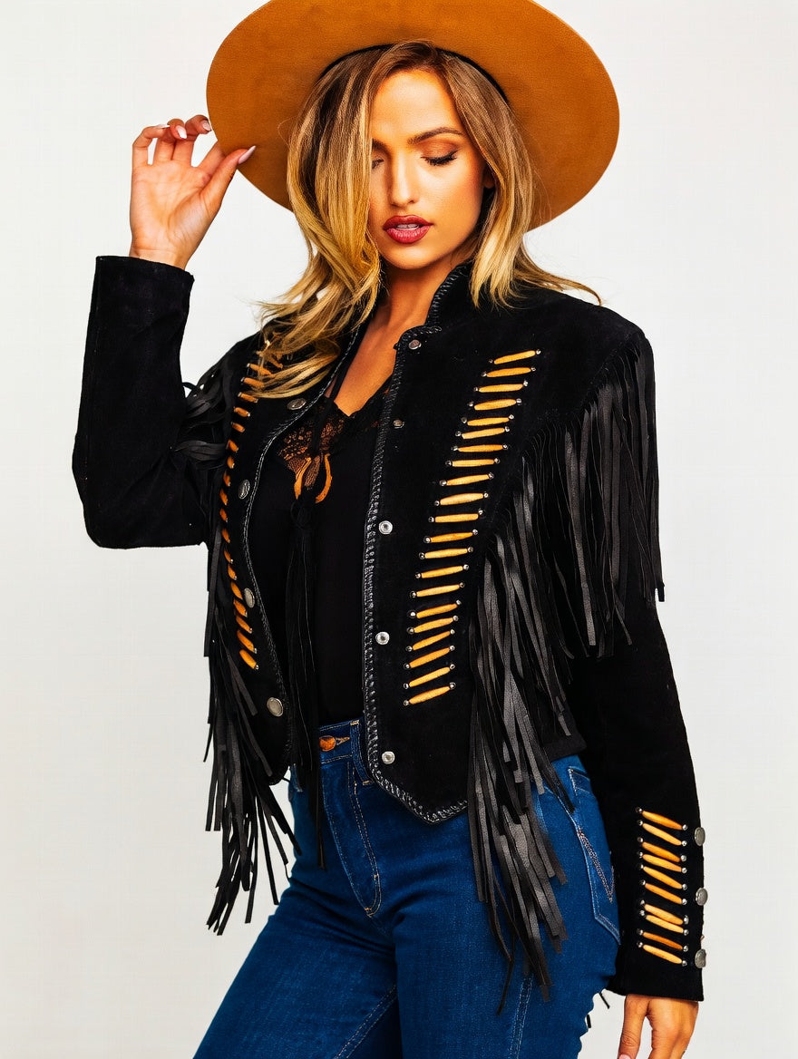 Women's Fringe Suede Leather cowboy Jacket -ZLC-WWJ-2090