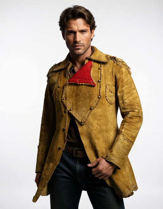 Men's Distressed Mustard Suede Military Fringe Coat Vintage Western Leather Jacket with Red Lining