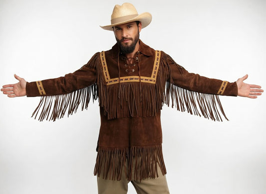 Men's Brown Suede Fringe Western Shirt Cowboy Lace-Up Leather Jacket