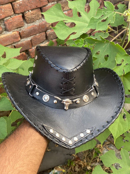 Men’s Punk Rock Leather Outback Hat with Spikes & Bull Skull