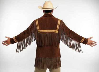 Men's Brown Suede Fringe Western Shirt Cowboy Lace-Up Leather Jacket