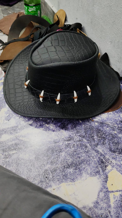 Handmade Black Leather Outback Hat – Crocodile Embossed Western Cowboy Bush Hat with Bone Band