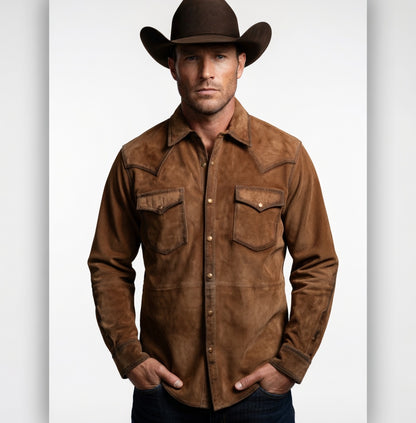 Men's Tan Suede Western Cowboy Shirt Snap Button Leather Shirt