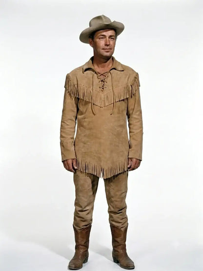 Man wearing a Zhim Leather Creations Shane 1953 buckskin suit with fringe shirt and pants set