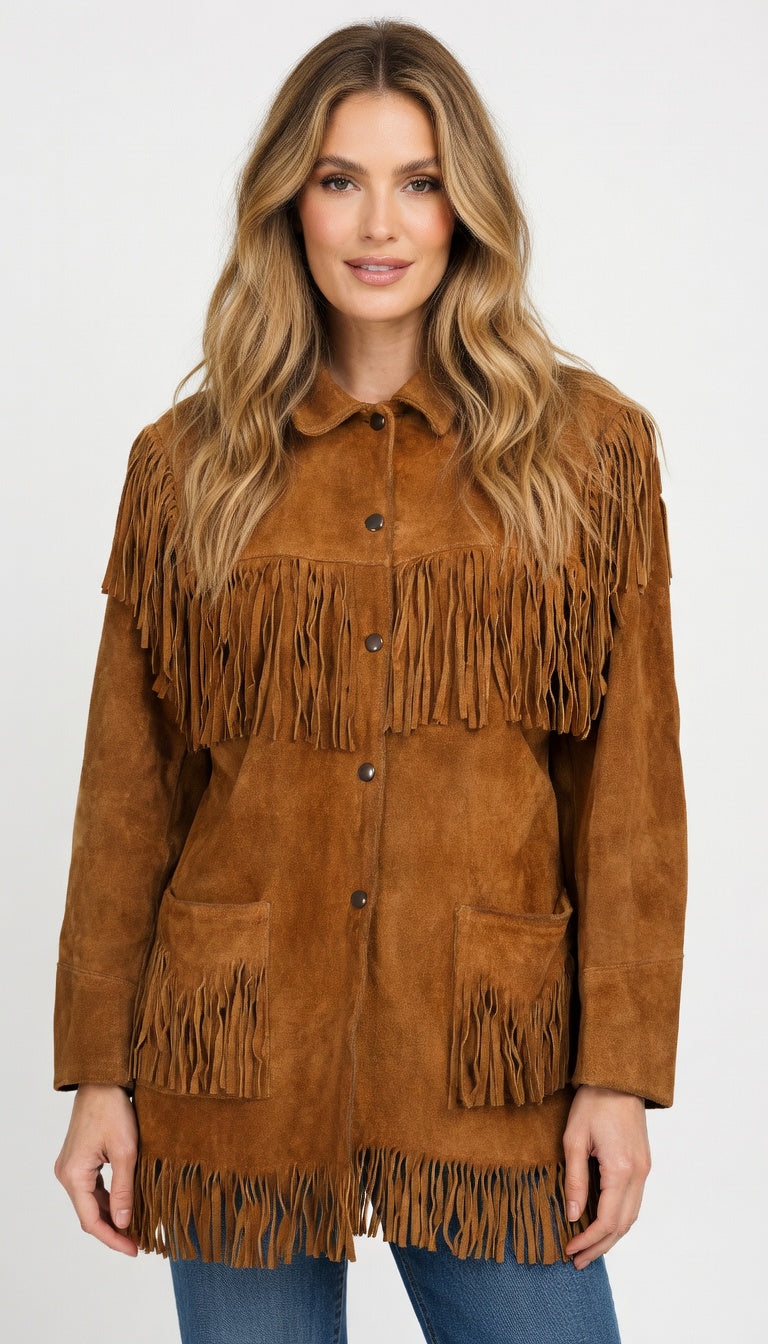 Women's Cognac Suede Multi-Layer Fringe Western Jacket