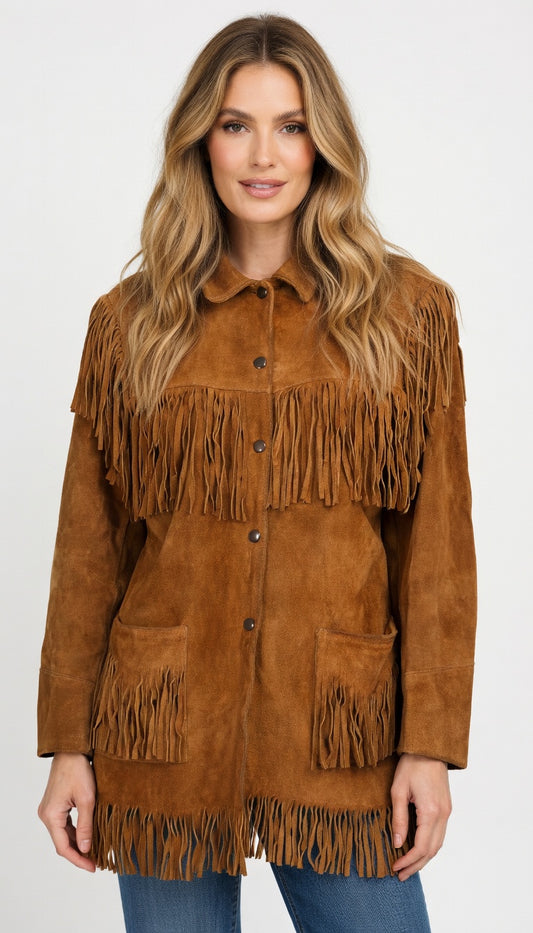 Women's Cognac Suede Multi-Layer Fringe Western Jacket