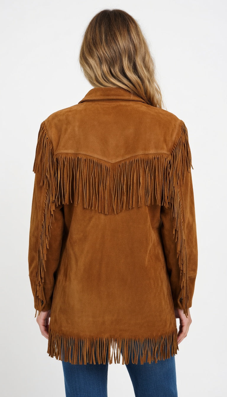 Women's Cognac Suede Multi-Layer Fringe Western Jacket