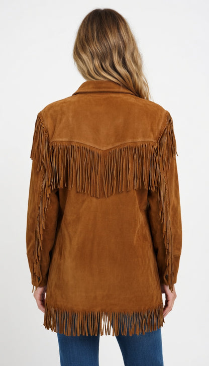 Women's Cognac Suede Multi-Layer Fringe Western Jacket