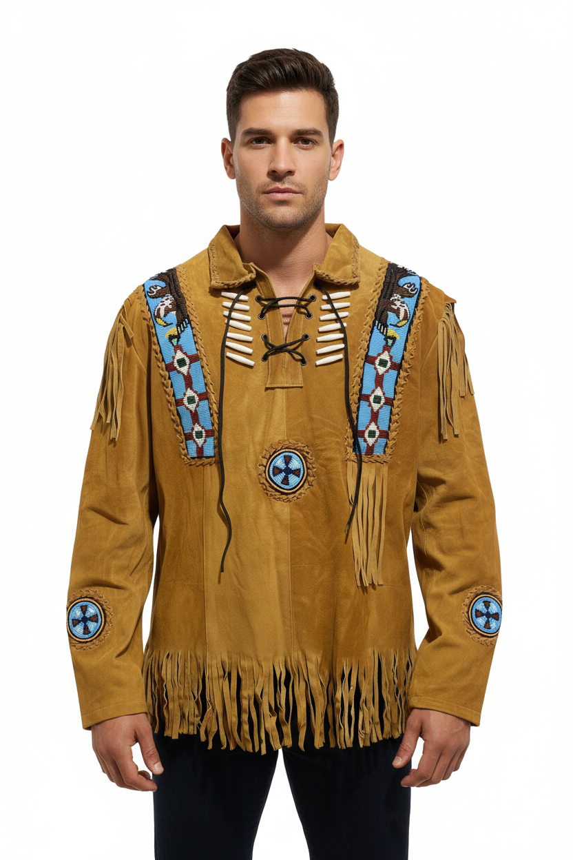 Men's Native American Suede Leather Shirt Beaded Fringe Western Jacket