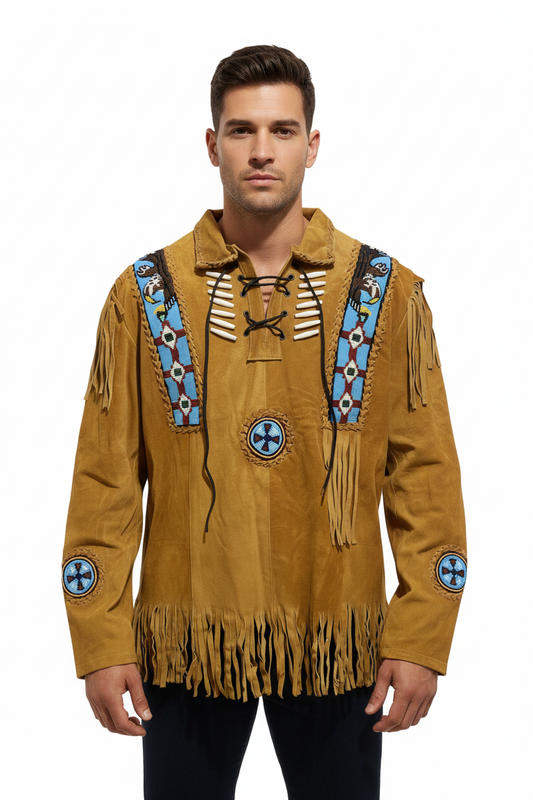 Men's Native American Suede Leather Shirt Beaded Fringe Western Jacket