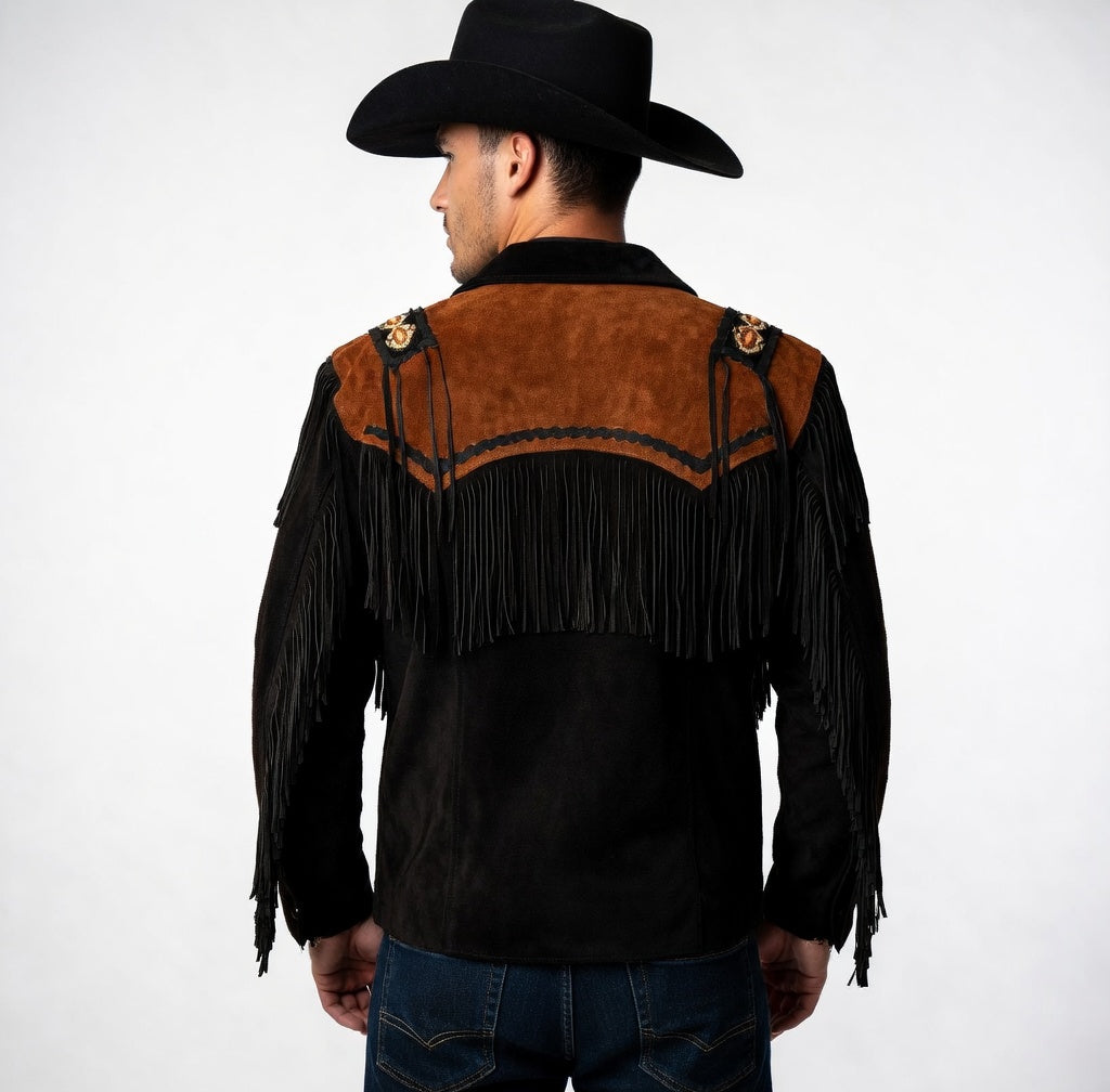 Person wearing a black and brown fringed cowboy jacket on a white background