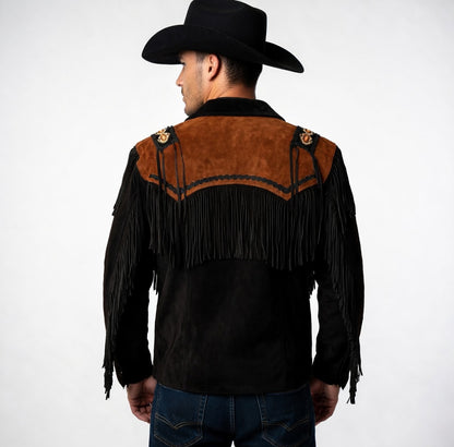 Person wearing a black and brown fringed cowboy jacket on a white background