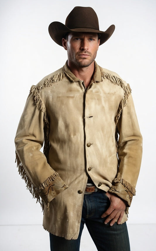 Men's Cream Buckskin Suede Fringe Jacket Vintage Western Cowboy Leather Coat