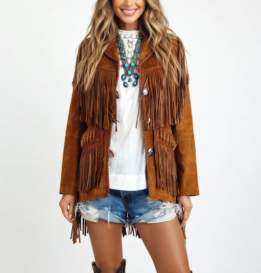 Women's Rust Brown Suede Concho Fringe Western Jacket