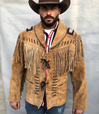 Men's Fringe Suede Leather Cowboy Jacket- ZLC-WJM-1035