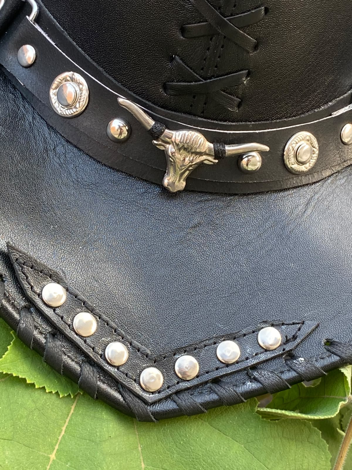 Men’s Punk Rock Leather Outback Hat with Spikes & Bull Skull