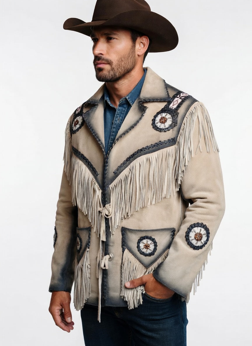 Men's Fringe Suede Leather Cowboy Jacket- ZLC-WJM-1050