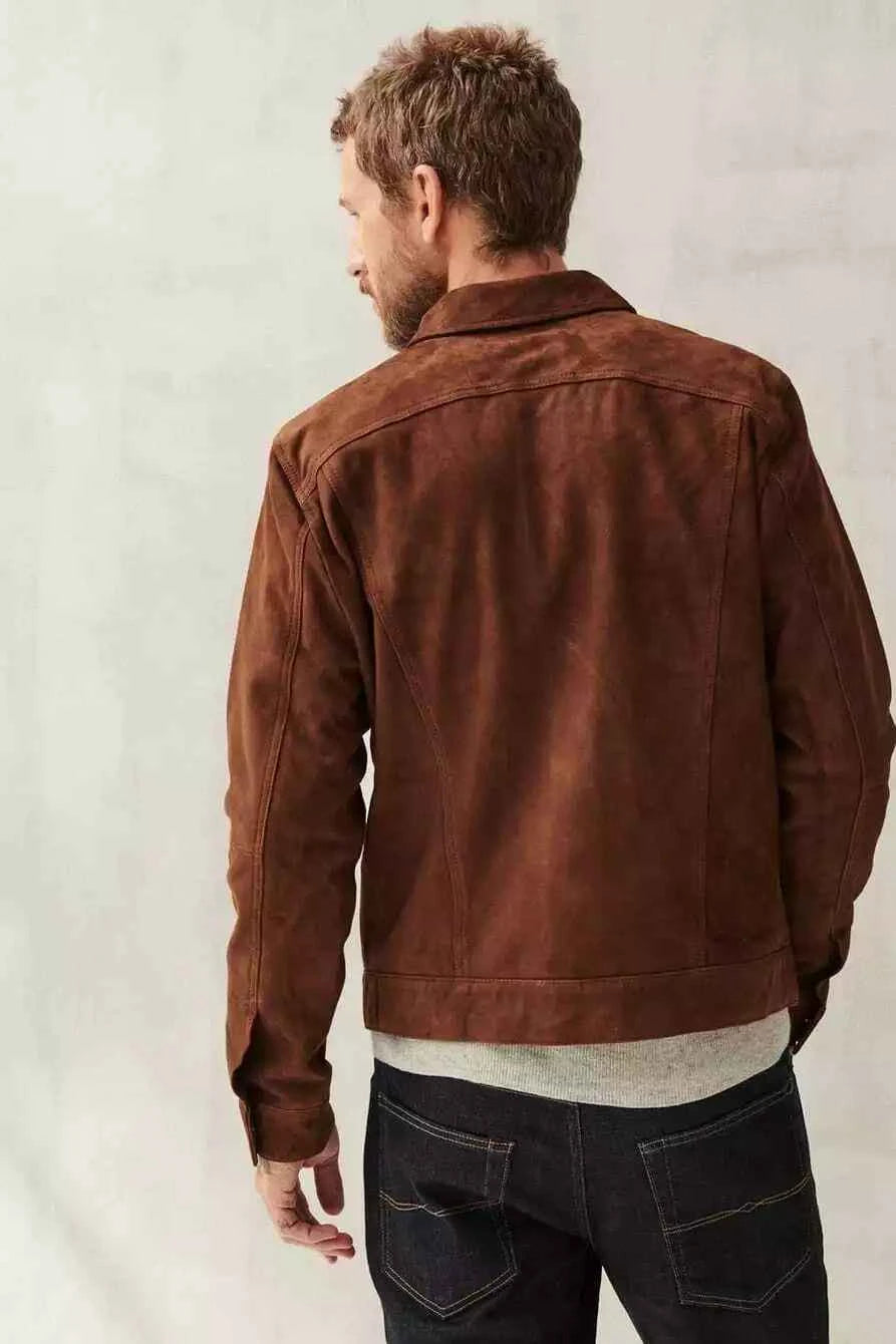 Men's Brown Suede Leather Trucker Jacket Classic Western Style