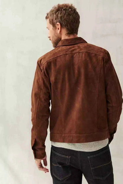 Men's Brown Suede Leather Trucker Jacket Classic Western Style