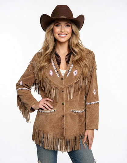 Women's Tan Suede Fringe Western Jacket Pink Beaded Diamond Cowgirl Leather Coat