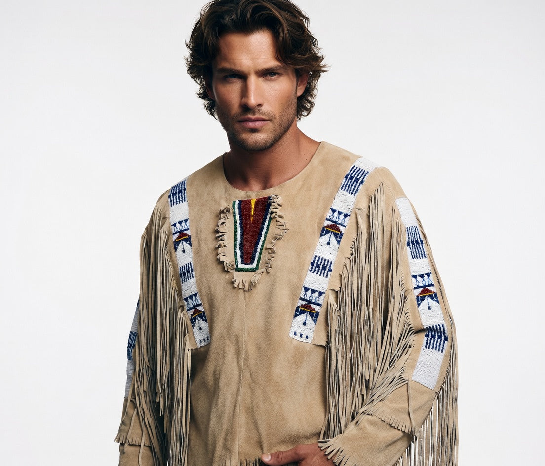 Men's Sand Suede Native American Beaded Fringe Shirt Tribal Beadwork Western Leather Pullover