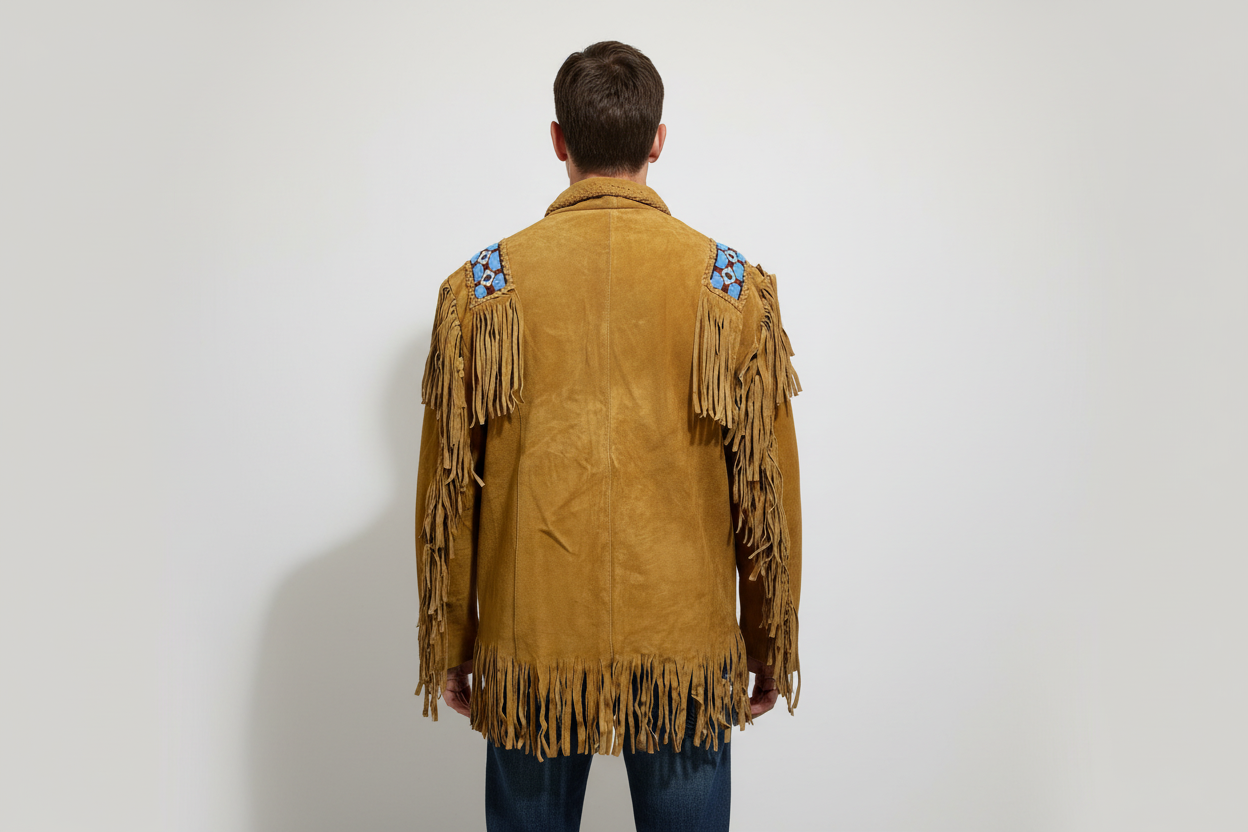 Men's Native American Suede Leather Shirt Beaded Fringe Western Jacket