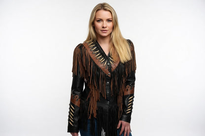 Women's Black & Brown Two-Tone Leather Bone Fringe Western Jacket