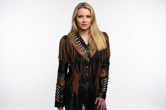 Women's Black & Brown Two-Tone Leather Bone Fringe Western Jacket