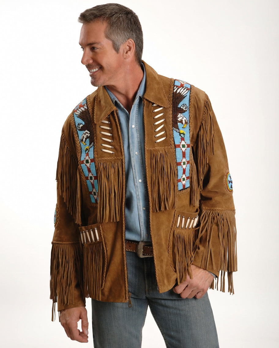 Eagle Bead Fringed Suede Leather Jacket - ZHIM LEATHER CREATIONS