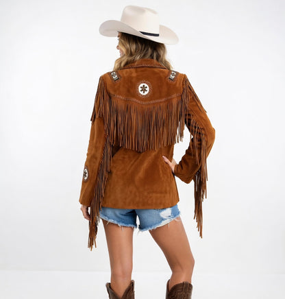 Women's Rust Brown Suede Concho Fringe Western Jacket