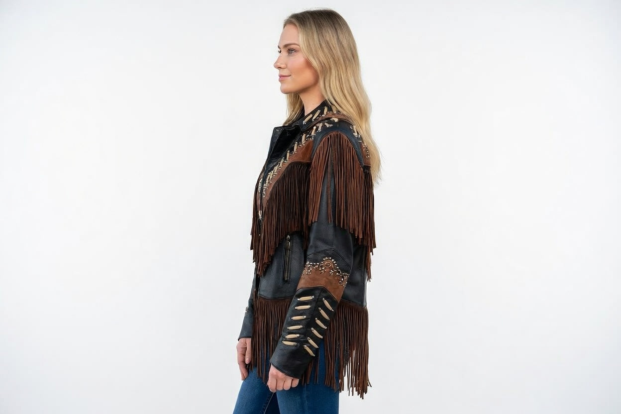 Women's Black & Brown Two-Tone Leather Bone Fringe Western Jacket