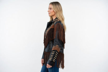 Women's Black & Brown Two-Tone Leather Bone Fringe Western Jacket