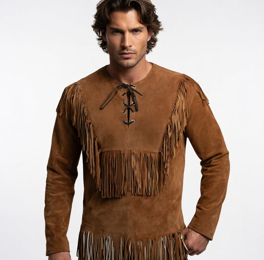 Men's Cognac Brown Suede V-Fringe Western Shirt Lace-Up Leather Pullover with Back Fringe