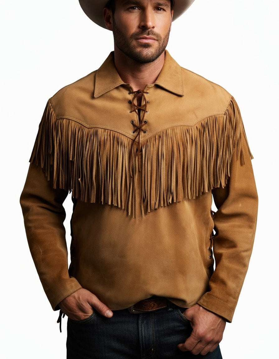 Men's Tan Suede Chest Fringe Western Shirt Lace-Up Cowboy Leather Pullover
