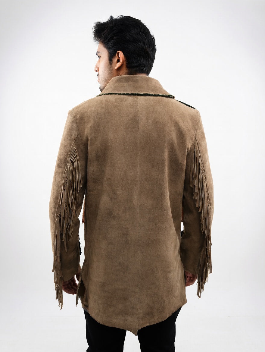 Men's Beige Suede Longline Fringe Western Coat Military Silver Button Leather Jacket