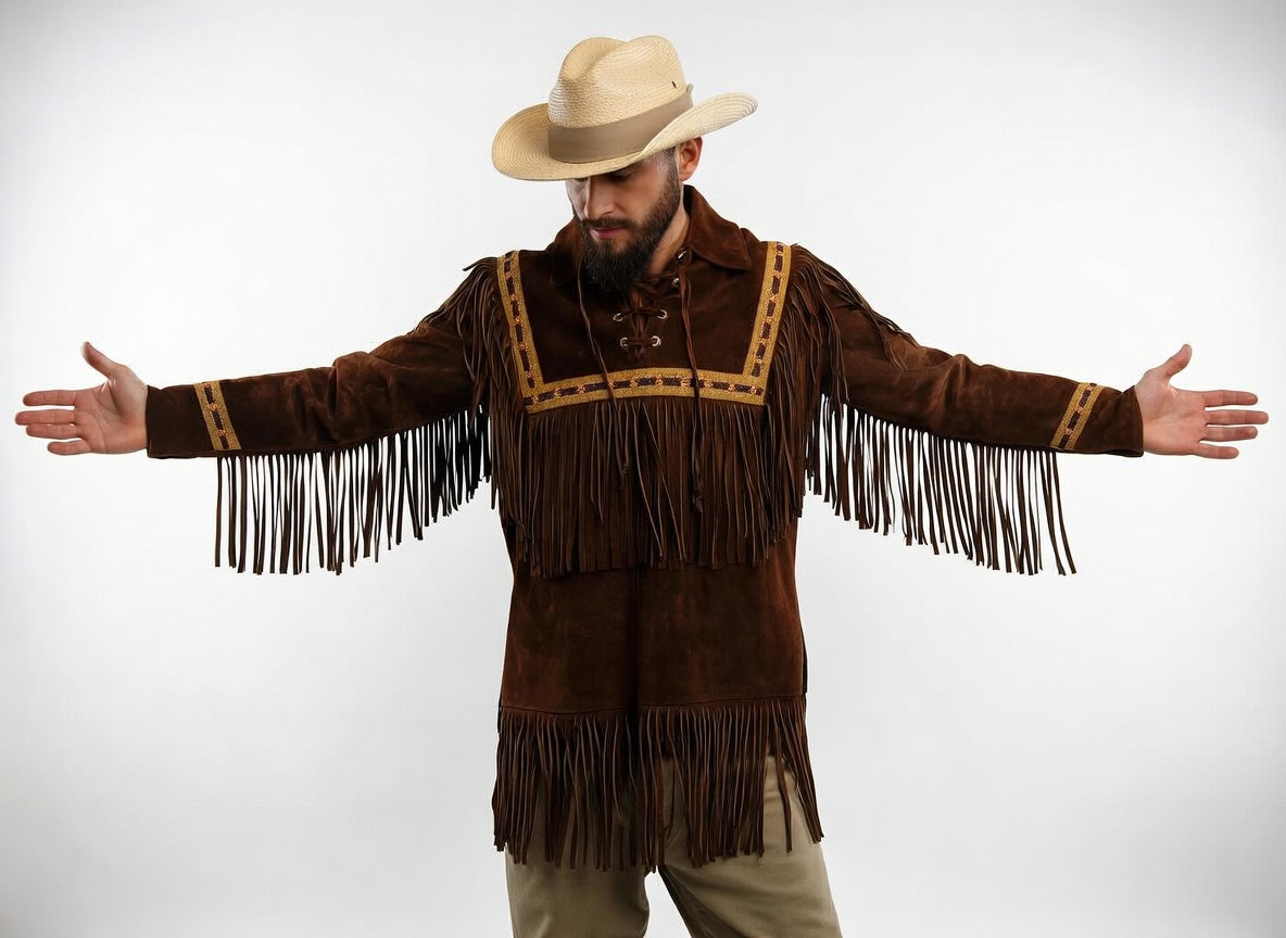 Men's Brown Suede Fringe Western Shirt Cowboy Lace-Up Leather Jacket