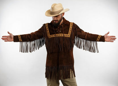 Men's Brown Suede Fringe Western Shirt Cowboy Lace-Up Leather Jacket