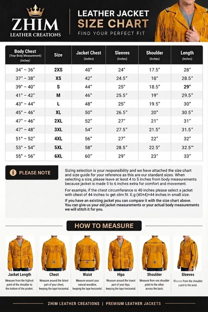A leather jacket size chart and measurement guide from ZHM Leather Creations, featuring a size table, a note about measurement responsibility, and illustrated body measurements for a leather jacket.