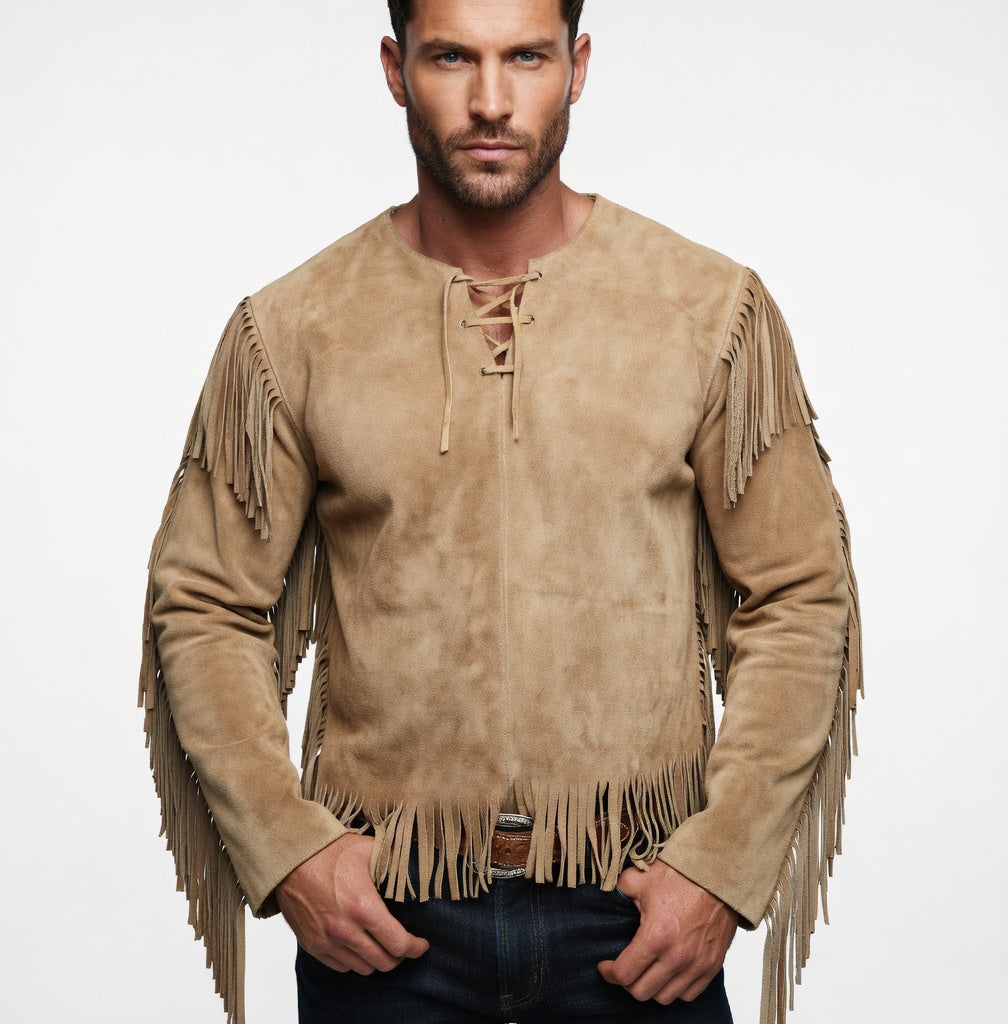 Men's Sand Beige Suede Full Fringe Western Shirt Lace-Up Leather Pullover Top