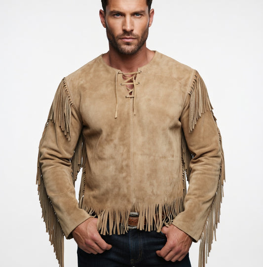 Men's Sand Beige Suede Full Fringe Western Shirt Lace-Up Leather Pullover Top