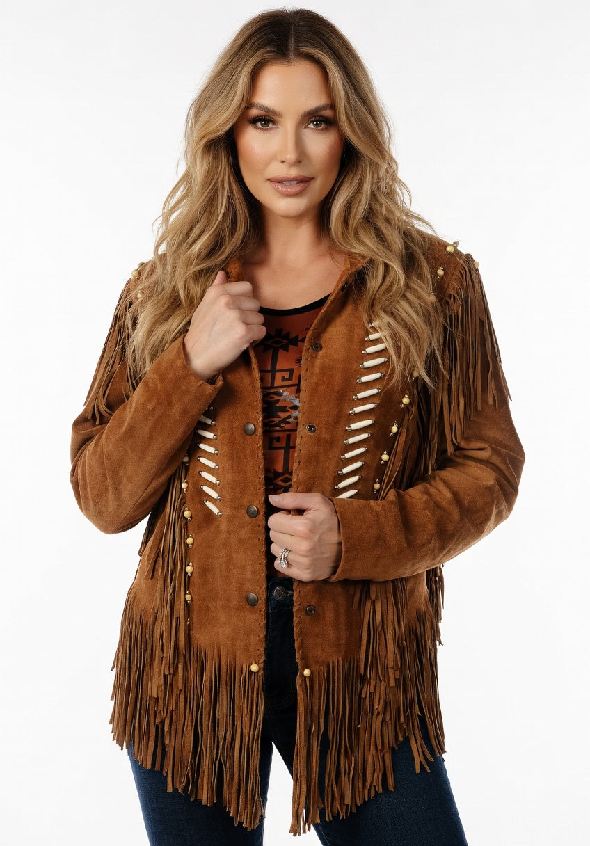Women's Brown Suede Bone & Bead Fringe Western Jacket