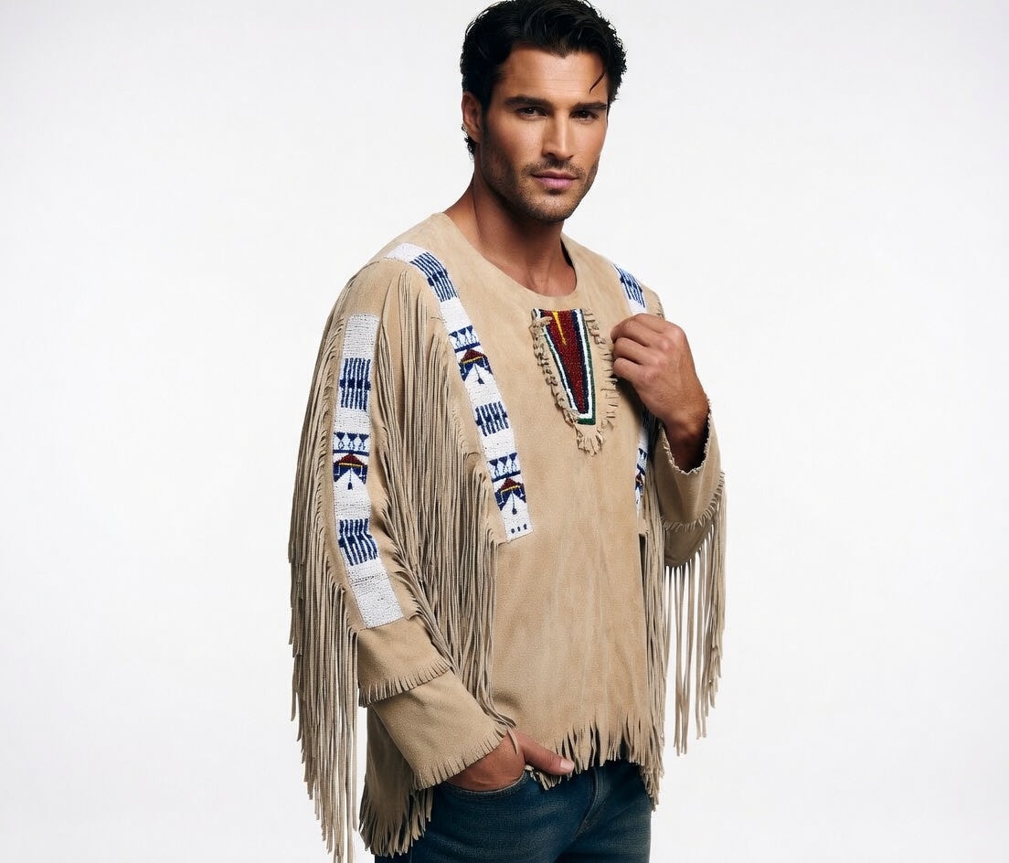 Men's Sand Suede Native American Beaded Fringe Shirt Tribal Beadwork Western Leather Pullover