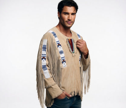 Men's Sand Suede Native American Beaded Fringe Shirt Tribal Beadwork Western Leather Pullover