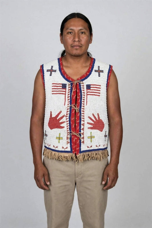 A man wearing a sleeveless Native American-style vest with red, white, and blue beadwork, American flag motifs, hand designs, and fringe, paired with khaki pants, photographed against a light gray background.