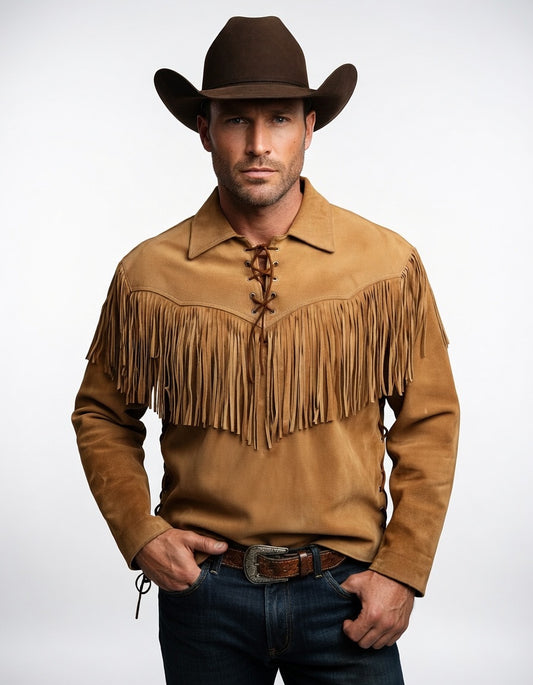 Men's Tan Suede Chest Fringe Western Shirt Lace-Up Cowboy Leather Pullover