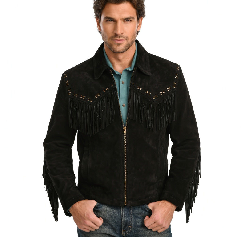 Men's Fringe Suede Leather Cowboy Jacket- ZLC-WJM-1047
