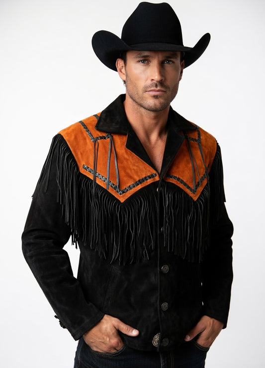 Men's Black Suede Fringe Jacket Houston TX – Western Cowboy Coat