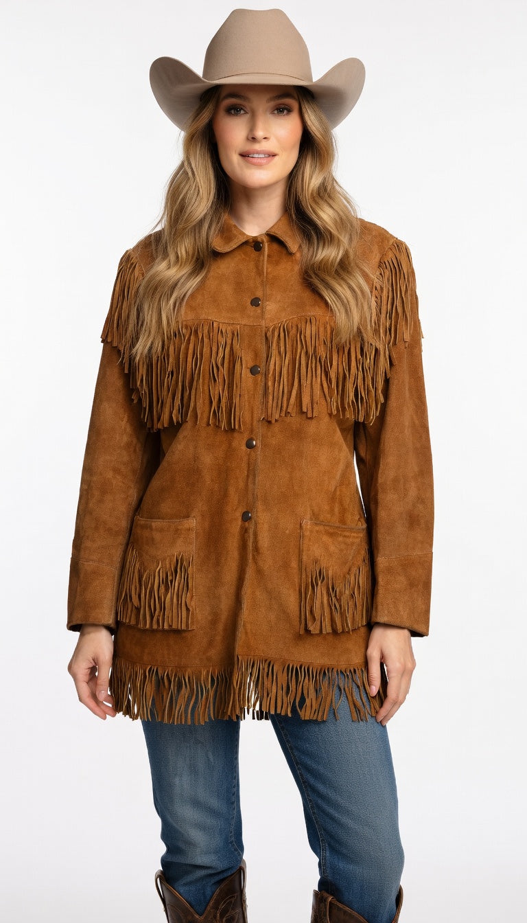 Women's Cognac Suede Multi-Layer Fringe Western Jacket