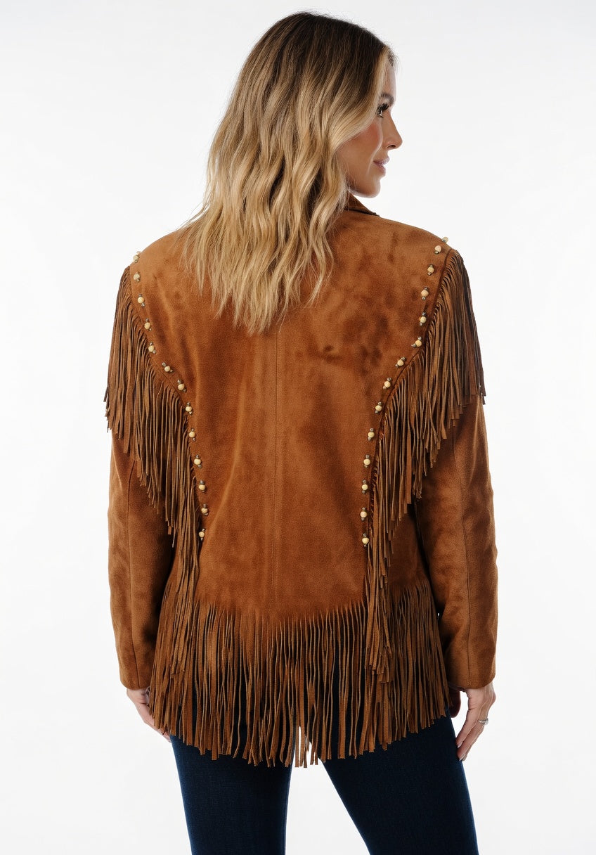 Women's Brown Suede Bone & Bead Fringe Western Jacket