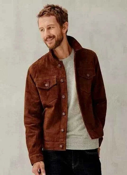 Men's Brown Suede Leather Trucker Jacket Classic Western Style